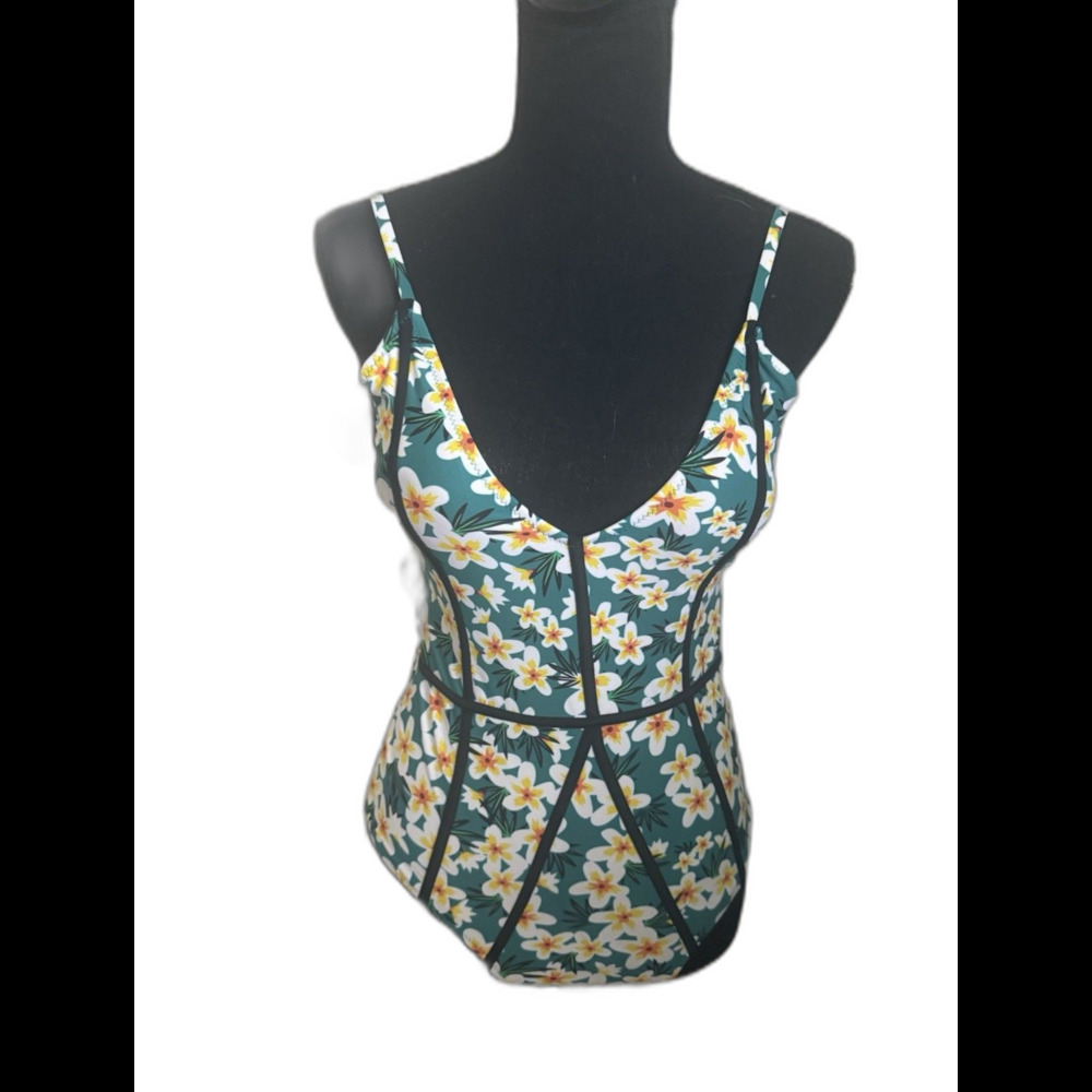 Women’s Floral One-Piece Swimsuit – Tropical Plumeria Print Size S Bustier Style